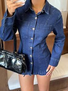 Siren Gaze 女士秋季长袖单排扣口袋牛仔衬衫和牛仔短裤休闲套装 - 深色水洗藍 - 查看 3