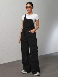 SHEIN PETITE Quần yếm denim ống rộng dáng rộng, thường ngày có túi hộp dành cho nữ - màu đen - Xem 4