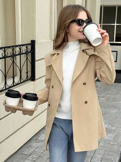 Elladie kids Tween 女童休闲仿口袋装饰秋冬简约腰带搭配长袖卡其色夹克