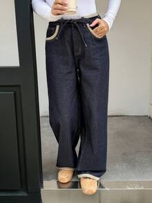 Vivie Lora 女款寬鬆拼接對比色下擺牛仔褲校園風 - 藍色 - 查看 7