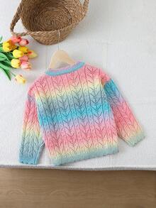 SHEIN Playful Pals 女童随机渐变镂空扭结缎带蝴蝶结纽扣针织开衫，柔软舒适，适合日常、户外、旅行、度假、居家、托儿所、女童玩耍穿着，秋冬季圣诞节万圣节毛衣 - 彩色 - 查看 3