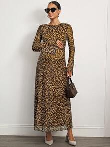 MaterniWear Rochie elegantă pentru femei însărcinate, cu imprimeu leopard și guler rotund, mâneci evazate - Maro - Vizualizare 6