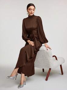 Veilorie Women Solid Color Stand Collar Ruffle Hem Long Sleeve Casual Dress Modest - Coffee Brown - View 4