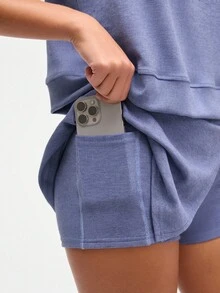 Gameset SHEIN Sport Musera 两件套保暖内衬牛仔色健身套装，运动套装，无袖背心和迷你裙套装，不可拆卸内衬紧身裤短裤，秋/春/冬室内运动（瑜伽/健身） - 藍色 - 查看 4
