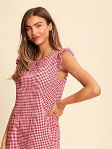 Coeurva 雙色格子假鈕扣罩袖直筒洋裝 - 紅白色 - 查看 3