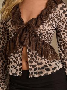 SHEIN Glamour Cárdigan de manga larga con estampado de leopardo, encaje y lazo delantero, estilo vintage, adecuado para salidas casuales y citas, otoño/invierno - Multicolor - Ver 8