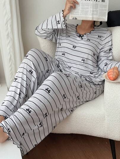 SHEIN Zestaw 2-częściowy, damski, w paski, z kokardą, falbanką, okrągłym dekoltem i kokardą, z supermiękkim, cienkim, mlecznym jedwabiem, z długim rękawem, z długim rękawem i spodniami, luźny, swobodny, wygodny komplet odzieży wierzchniej, wygodny komplet piżamowy, ubrania zimowe