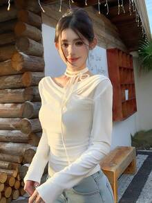 DAZY 女士交叉露肩韩版系带长袖T恤，春秋季可爱度假上衣 - 米色 - 查看 8