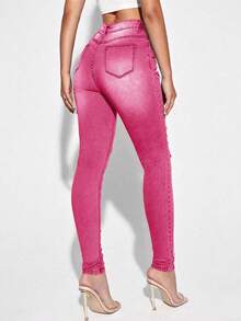 SHEIN Essnce Quần jeans denim skinny lưng cao tối giản, phù hợp mặc hàng ngày - Hồng - Xem 2