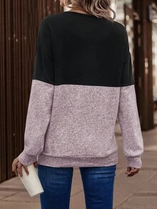 SHEIN LUNE 女式撞色V领落肩长袖休闲宽松运动衫 - 彩色 - 查看 2