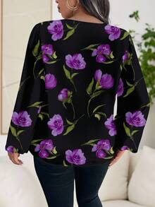 Reflora Áo sơ mi họa tiết hoa màu tím thanh lịch cỡ lớn, phù hợp cho giáo viên - Nhiều màu - Xem 2