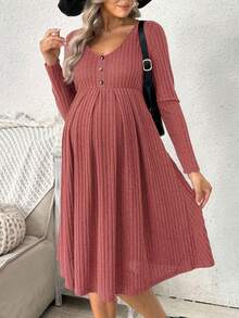 SHEIN Vestido de manga larga con cuello de canalé, botones delanteros y unicolor, para embarazadas, primavera/otoño - Naranja - Ver 3