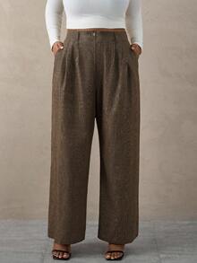SHEIN Tall CURVE Plus Size Casual Vintage Pleated Plaid Suit Pants, Autumn And Winter Graduation,Back To School,Teacher Outfits For Women Dress Pants Women Plus Size Tall Women Pants Plus Size Dress Pants Plaid Pants Women Plus Size Wide Leg Pants Women Plus Size - Brown - View 6