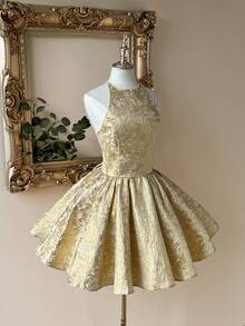 Lovelzi Elegant, Romantic, Sexy, Gold Jacquard, Backless, Tie, Waist, Birthday Party, Ball Dress, Wedding Guest Dress, Prom Dress - Gold - View 6