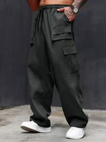 Manfinity Homme Men Plus Size Solid Color Drawstring Cargo Pants With Pocket, Casual Style, Fall - Grey - View 3