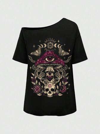 Goth Plus Size Women Plus Size Distressed Mushroom Skull Eye Print Single Shoulder T-Shirt