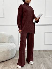 SHEIN Tall Pulover cu guler înalt și umeri căzuți, 2 buc., și pantaloni cu nervuri, culoare uni - Burgundia - Vizualizare 4