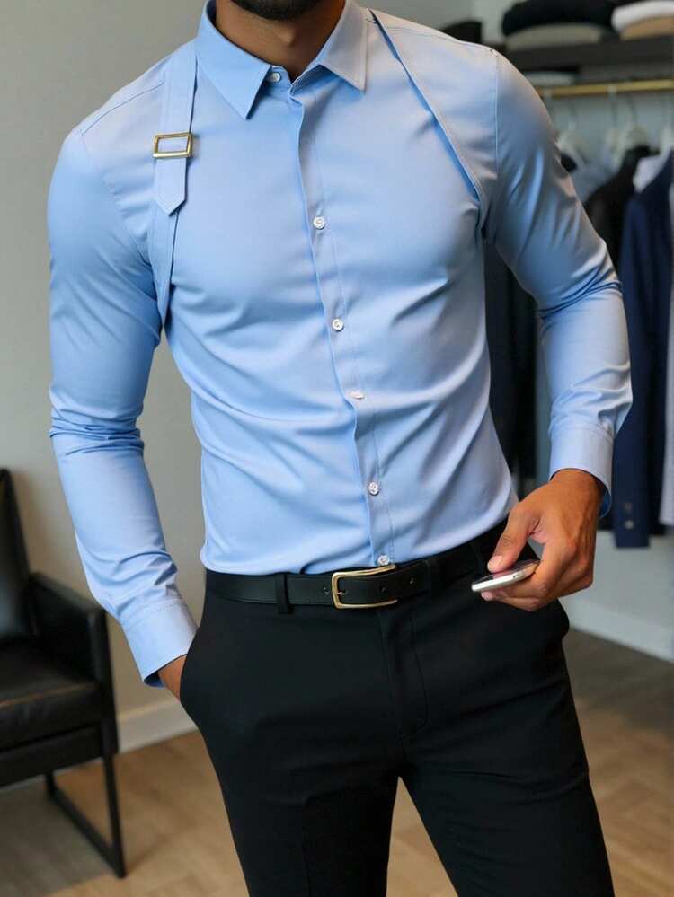 Calvornis Men's Solid Color Button Design Casual Commuter Long Sleeve Business Formal Shirt, Sky Blue - Dusty Blue - View 1