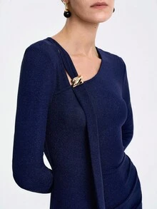 Aalyst Women's Elegant Fashion Commuter Casual Comfortable Charming Retro Lady Gentle Romantic Holiday Party Long Sleeve Asymmetric Neck Front Side Tie Design Feather Metal Button Decor Waist Fitted Glitter Solid Color Dress - Navy Blue - View 4