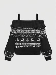 ROMWE Kawaii Christmas Cute Off Shoulder Dropped Shoulder Snowflake & Reindeer Pattern Puff Sleeve Plus Size Sweater - Black - View 2