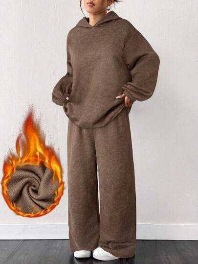 SHEIN EZwear Conjunto de 2 piezas de sudadera y pantalón de chándal forrado térmico de talla grande en color café, conjunto de 2 piezas cómodo de otoño/invierno para mujer