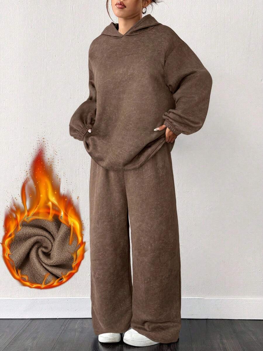 SHEIN EZwear Coffee Brown Plus Size Women Casual Thermal Lined Sweatshirt & Sweatpants 2 Pieces Set, Autumn/Winter Brown Two Pieces Set Women Comfortable Two Pieces Set - Coffee Brown - View 1