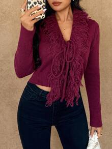 Islaluna Damen sexy, minimalistischer Mode Fransenkardigan