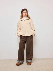 Tween Girls' Elastic Waist Patchwork Plaid Hem Wide Leg Casual Pants - Coffee Brown - View 5