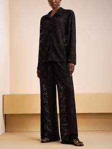 Zivah 2件套女士纯色休闲长袖上衣和裤子套装 - 黑色 - 查看 5