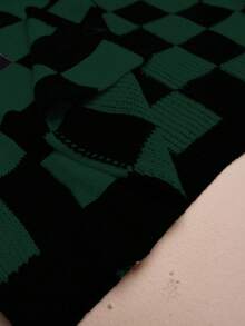 Elenzga 秋冬时尚休闲拼色棋盘格拼接长袖宽松大码女士开衫，适合女士、外套、度假、派对 - 綠色 - 查看 4