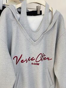 INAWLY 女式华夫格针织刺绣字母连帽套头衫秋季 - 灰色 - 查看 6