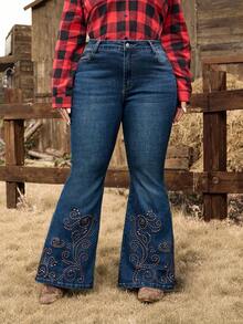 EMERY ROSE Plus Size Women Navy Vintage Embroidered Flare Jeans - Dark Wash - View 4