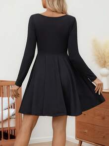 SHEIN Maternity Stylish Elegant Minimalist Button Half-Placket Long Sleeve Casual Dress - Black - View 2