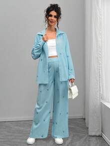 Momance Elegant Casual Butterfly Print Pink Long Cardigan Maternity Set - Blue - View 4