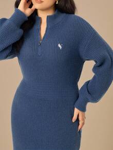 Juhart 大码女式纯色针织连衣裙，带海马图案，休闲毛衣裙，适合圣诞节、万圣节、返校季 - 寶藍色 - 查看 5