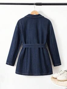 SHEIN Teen Girl Fall & Winter Solid Washed Denim Jacket /Christmas /New Years/ Holiday Party Girl Coat/Y2k Washed With Pockets/Street Style/Belt/Classy/Daily Wear/Casual
