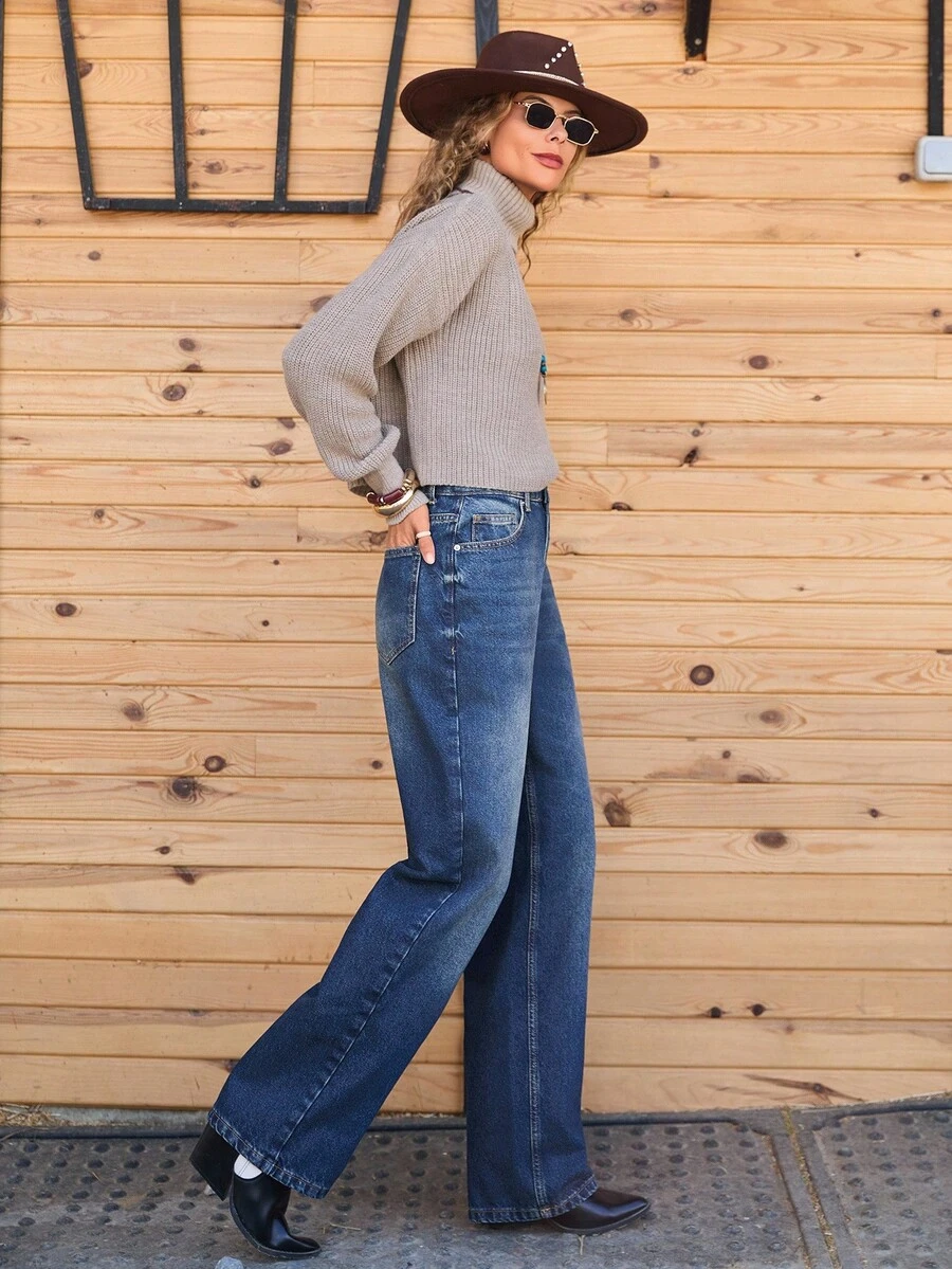 EURMUSE Low Waist Wash Detailed Straight Jean - Dark Wash - View 1