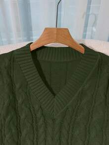 Franclia New Loose, Soft, Sweet Pink Oversized V-Neck Thick Cable Knit Pullover Sweater For Women, Unique Design, Versatile - Army Green - View 6