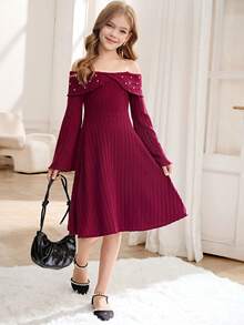 Vestido de punto acanalado con hombros descubiertos color borgoña con decoración de perlas falsas para niñas preadolescentes, adecuado para ir al trabajo, fiestas de noche y reuniones - Burdeos - Ver 5