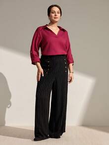 Momelise Christmas Plus Size Women Solid Color Roll-Up Sleeve Casual Loose Blouse - Red - View 5