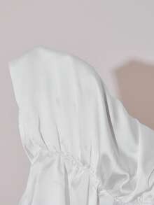 Poshira Women's Solid Color Ruched Neck Long Sleeve Pleated Elegant Mini Dress - White - View 7