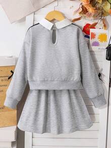 Sparklyn 2 件套女童休闲学院风二合一衬衫领英式印花长袖运动衫和裙子套装，适合秋冬季，上学或旅行时穿 - 灰色 - 查看 2