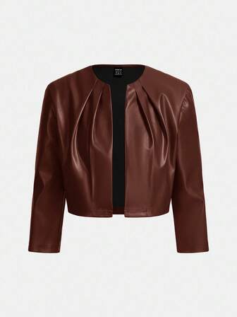 SHEIN Essnce Chaqueta de moda de manga larga con diseño plisado de unicolor de piel de PU para mujer, otoño