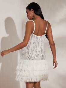 Opulessa Women's Fashionable Party Sequin Patchwork Fringe Hem Mini Dress,  White Sequin Elegant Party Outfit, Luxury Evening Dresses For Weddings, Beach Dress, New Year, Thanksgiving Outfits, White Rhinestone And Feather Detail, Graduation, Prom Dress