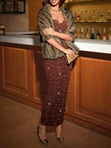 Ellevyn 女士灰色披肩优雅人造毛皮夹克，适合日常穿着、派对、秋冬 - 灰色 - 查看 6