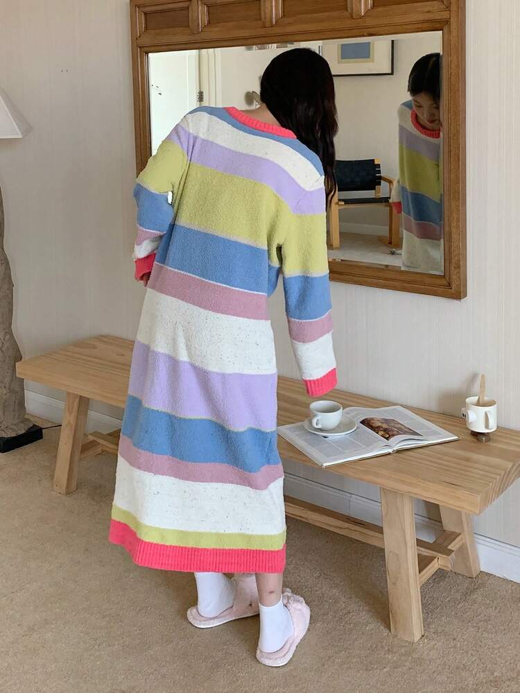 Colorful Striped Patchwork Loose Long Sleeve Knit Nightgown, Women Sleepwear Dress For Autumn/Winter Pajama