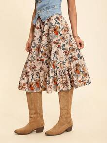 Coeurva Floral Print Ruffle Hem Skirt, For Vacation, Autumn - Multicolor - View 4