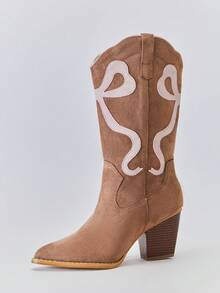 Solezae Women's Glamorous Point Toe Block Heel Embroidery Mid-Calf Cowgirl Boots For Christmas - Apricot - View 5