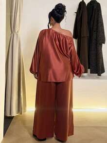 Maweii Set casual da 2 pezzi oversize con spalla asimmetrica e maniche lunghe