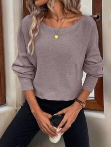 EMERY ROSE Women's Solid Color Batwing Sleeve Casual Pullover Sweater, Autumn/Winter - Violet Purple - View 4